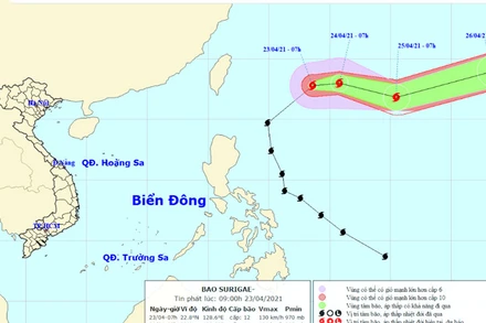 Vị trí và hướng di chuyển của bão Surigae. (Nguồn: nchmf.gov.vn)