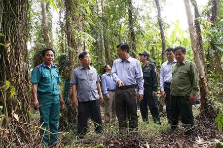 Kiểm tra độ ẩm dưới chân rừng Vườn quốc gia U Minh hạ sáng 15-4.