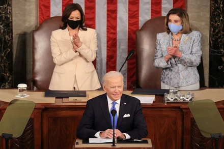 Tổng thống Biden có bài phát biểu trước Quốc hội Mỹ, ngày 28-4. (Ảnh: Reuters)