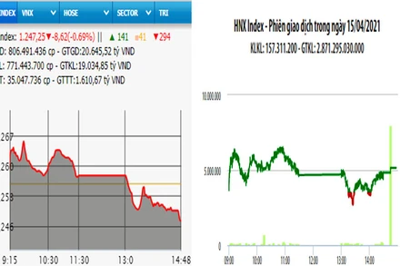 Diễn biến VN-Index và HNX-Index, phiên giao dịch ngày 15-4. 