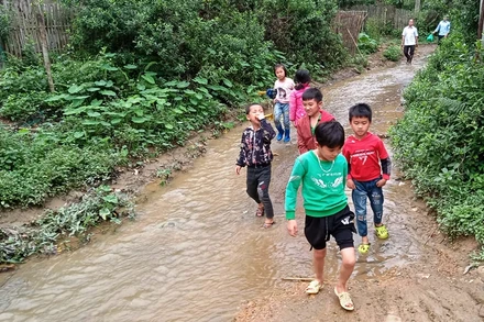 Con em xóm Tân Kim thường xuyên phải đi dọc dưới dòng suối ô nhiễm.