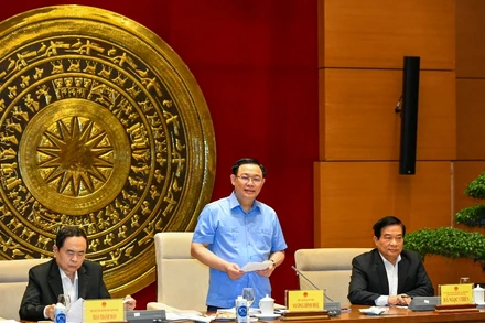 Chủ tịch Quốc hội Vương Đình Huệ phát biểu ý kiến tại buổi làm việc.