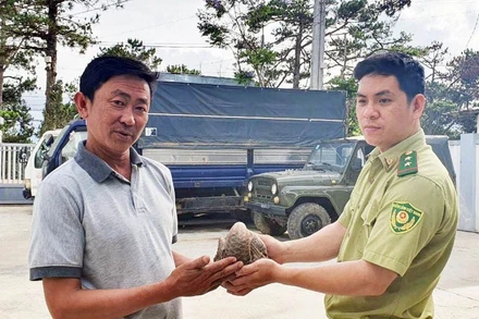 Ông Dũng giao nộp cá thể tê tê vàng quý hiếm cho Hạt Kiểm lâm TP Đà Lạt.