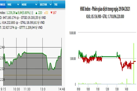 Diễn biến VN-Index và HNX-Index, phiên giao dịch ngày 29-4. 