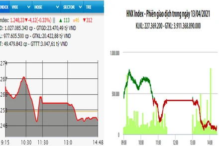 Diễn biến VN-Index và HNX-Index, phiên giao dịch ngày 13-4.