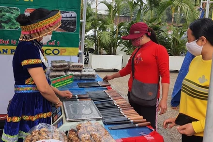 Gian hàng bày bán các sản phẩm đặc sản nông sản Cao Bằng. (Ảnh: THANH TRÀ)