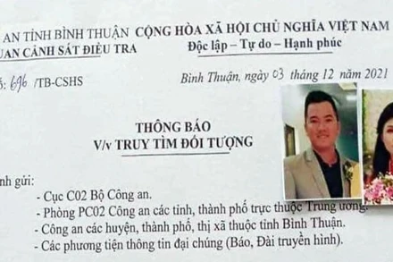 Thông báo của Cơ quan cảnh sát điều tra, Công an tỉnh Bình Thuận truy tìm vợ chồng Tâm-Sang có dấu hiệu lừa đảo hơn 50 tỷ đồng.
