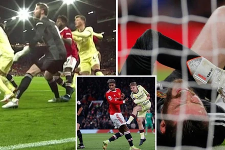Tình huống ghi bàn của Emile Smith Rowe khi De Gea nằm sân. (Ảnh: DailyMail)