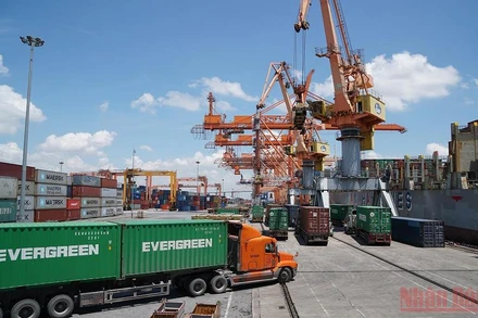 Bốc xếp hàng hóa xuất nhập khẩu tại cảng Tân Vũ, Hải Phòng. (Ảnh: DUY LINH)