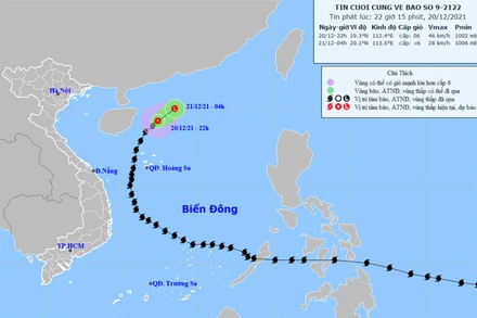 Vị trí và hướng di chuyển của áp thấp nhiệt đới (suy yếu từ bão số 9). (Nguồn: nchmf.gov.vn)