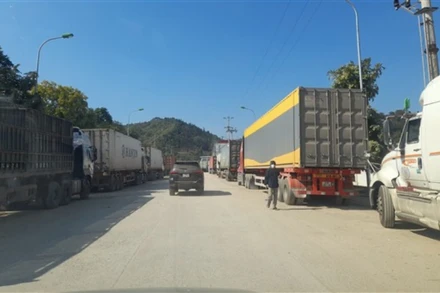 Do lượng xe container dồn về, vượt quá sức chứa của các kho, bãi, một số xe phải đỗ dọc lối mở Nà Đoỏng, thị trấn Trà Lĩnh, huyện Trùng Khánh (Cao Bằng).