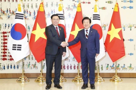 Chủ tịch Quốc hội Vương Đình Huệ và Chủ tịch Quốc hội Hàn Quốc Park Byeong-seug. (Ảnh: Doãn Tấn/TTXVN)