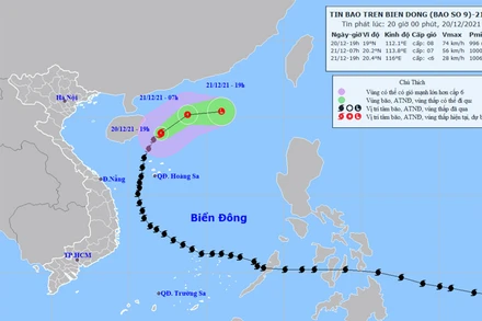 Vị trí và hướng di chuyển của bão số 9 lúc 20 giờ ngày 20/12. (Nguồn: nchmf.gov.vn)