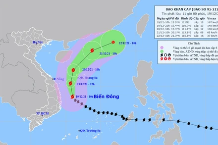 Vị trí và hướng di chuyển của bão số 9 lúc 11 giờ ngày 19/12. (Nguồn: nchmf.gov.vn)