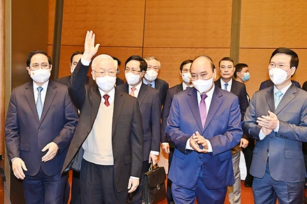 Tổng Bí thư Nguyễn Phú Trọng, Chủ tịch nước Nguyễn Xuân Phúc, Thủ tướng Chính phủ Phạm Minh Chính và các đại biểu dự hội nghị. Ảnh: ĐĂNG KHOA