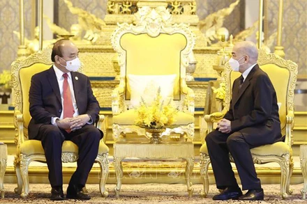 Chủ tịch nước Nguyễn Xuân Phúc hội kiến Quốc vương Campuchia Norodom Sihamoni tại Cung điện Hoàng gia Campuchia. (Ảnh: Thống Nhất/TTXVN)