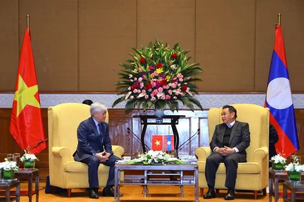 Đồng chí Đỗ Văn Chiến trao đổi với Chủ tịch Quốc hội Lào Saysomphone Phomvihane. Ảnh: VĂN ĐIỆP