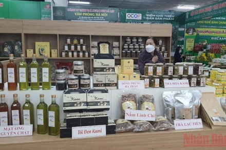 Gian hàng bày bán các sản phẩm OCOP Hà Nội tai Trung tân Xúc tiến thương mại nông nghiệp. (Ảnh: PHÚC LÂM)