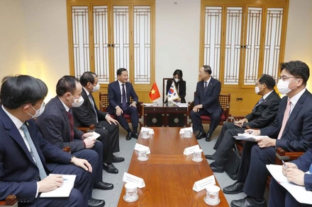 Phó Thủ tướng Lê Minh Khái hội đàm với Phó Thủ tướng Hàn Quốc Hong Nam-ki. (Ảnh: Chinhphu.vn)