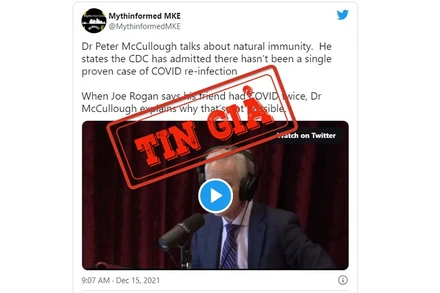 Ảnh chụp một bài đăng trên mạng xã hội Twitter đưa tin sai lệch về tái nhiễm Covid-19. 