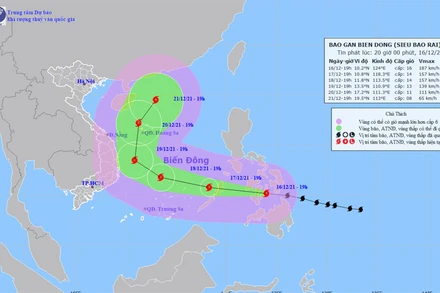Vị trí và hướng di chuyển của bão Rai lúc 20 giờ ngày 16/12. (Nguồn: nchmf.gov.vn)