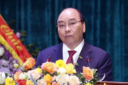 Chủ tịch nước Nguyễn Xuân Phúc phát biểu tại lễ kỷ niệm. (Ảnh: Thống Nhất/TTXVN)