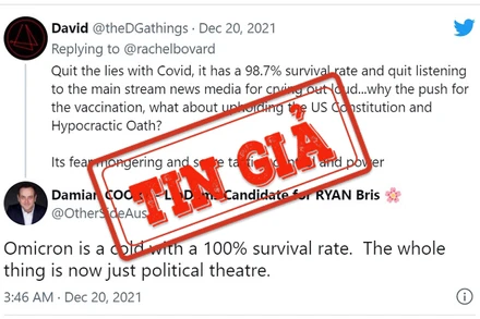 Ảnh chụp màn hình bài đăng trên mạng xã hội Twitter đưa tin sai lệch về biến thể Omicron.