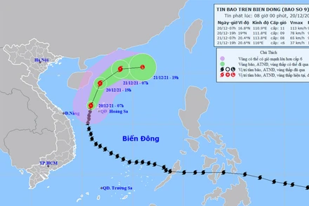 Vị trí và hướng di chuyển của bão số 9 lúc 8 giờ ngày 20/12. (Nguồn: nchmf.gov.vn)