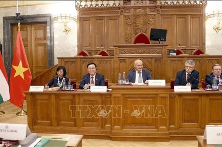 Chủ tịch Quốc hội Vương Đình Huệ và Chủ tịch Quốc hội Hungary dự Tọa đàm lập pháp. (Ảnh: Doãn Tấn/TTXVN)