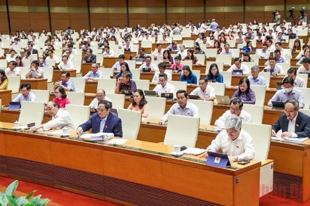 Các đại biểu Quốc hội biểu quyết thông qua Nghị quyết về chủ trương đầu tư Dự án đầu tư xây dựng đường bộ cao tốc Biên Hòa-Vũng Tàu giai đoạn 1. (Ảnh: LINH NGUYÊN)