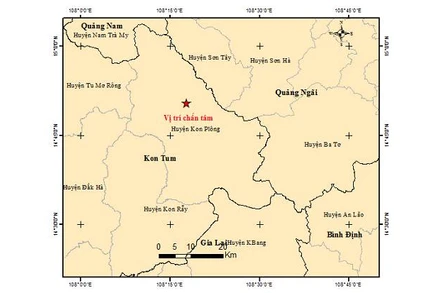 Bản đồ tâm chấn trận động đất thứ nhất, xảy ra tại huyện Kon Plông, tỉnh Kon Tum sáng ngày 1/6/2022. (Ảnh: Viện Vật lý địa cầu)