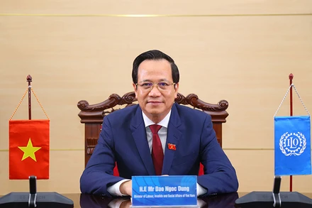 Bộ trưởng Lao động-Thương binh và Xã hội Đào Ngọc Dung phát biểu trực tuyến tại ILC 110 (Ảnh: Molisa).