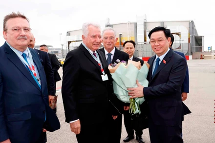 Phó Chủ tịch Quốc hội Hungary Istvan Jakab và cán bộ Quốc hội Hungary đón đoàn tại sân bay quốc tế Budapest Liszt Ferenc. Ảnh: Doãn Tấn - TTXVN.