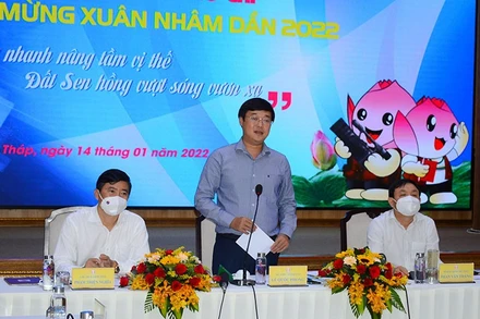 Bí thư Tỉnh ủy Đồng Tháp Lê Quốc Phong phát biểu tại buổi họp mặt báo chí năm 2022.