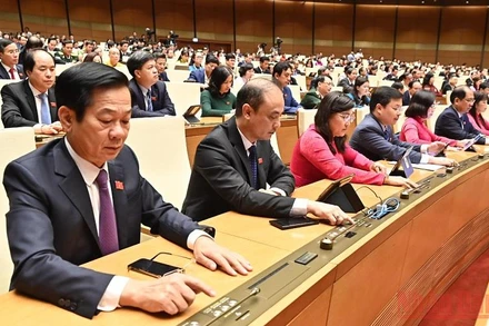 Đại biểu Quốc hội biểu quyết thông qua Nghị quyết về hoạt động chất vấn tại Kỳ họp thứ ba, Quốc hội khóa XV. (Ảnh: LINH KHOA NGUYÊN)