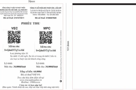 Mẫu phiếu thu tiền cho hành khách sử dụng đường bộ cao tốc do VEC quản lý.