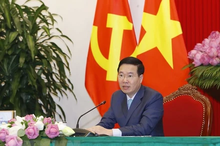 Thường trực Ban Bí thư Võ Văn Thưởng phát biểu tại hội đàm trực tuyến. (Ảnh: Phương Hoa/TTXVN)