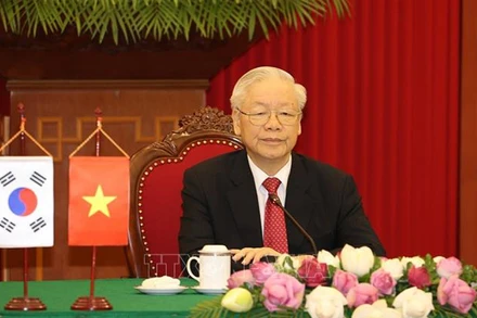 Tổng Bí thư Nguyễn Phú Trọng tại hội đàm cấp cao với Tổng thống Hàn Quốc Yoon Suk0yeal.(Ảnh: TTXVN)