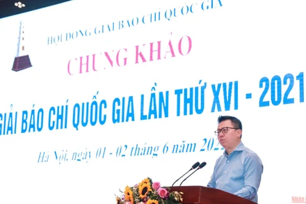 Đồng chí Lê Quốc Minh phát biểu khai mạc Vòng chung khảo Giải Báo chí quốc gia lần thứ XVI - năm 2021. (Ảnh: THÀNH ĐẠT)