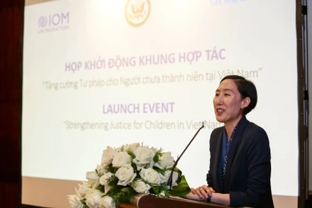 Bà Park Mihyung - Trưởng phái đoàn Tổ chức Di cư Quốc tế tại Việt Nam phát biểu tại buổi họp. 