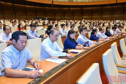 Các đại biểu Quốc hội biểu quyết thông qua Luật sửa đổi, bổ sung một số điều của Luật Sở hữu trí tuệ, sáng 16/6. (Ảnh: LINH KHOA)