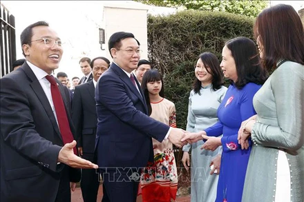 Cán bộ, nhân viên Đại sứ quán và cộng đồng người Việt tại Vương quốc Anh đón Chủ tịch Quốc hội Vương Đình Huệ. (Ảnh: Doãn Tấn/TTXVN)