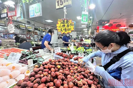 Vải thiều bày bán ở một chợ dân sinh Trung Quốc. (Ảnh: Phương Thảo)