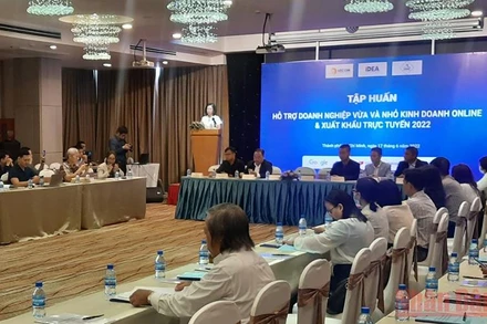 Quang cảnh buổi tập huấn "Hỗ trợ doanh nghiệp vừa và nhỏ kinh doanh online và xuất khẩu trực tuyến".