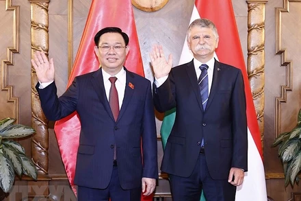 Chủ tịch Quốc hội Hungary đón và hội đàm với Chủ tịch Quốc hội Vương Đình Huệ. (ẢNH: TTXVN)