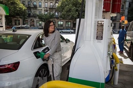 Bơm xăng cho phương tiện tại trạm xăng ở New York, Mỹ, ngày 10/6/2022. (Ảnh: THX/TTXVN)