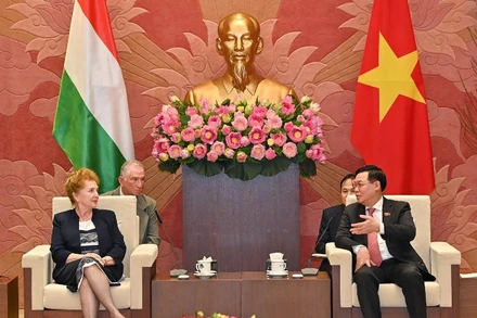 Chủ tịch Quốc hội Vương Đình Huệ trao đổi với Phó Chủ tịch thứ nhất Quốc hội Hungary Márta Mátrai tại buổi tiếp. Ảnh: Duy Linh