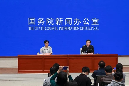 Họp báo công bố số liệu kim ngạch xuất nhập khẩu năm 2021 của Trung Quốc. (Ảnh: Tân Hoa Xã)