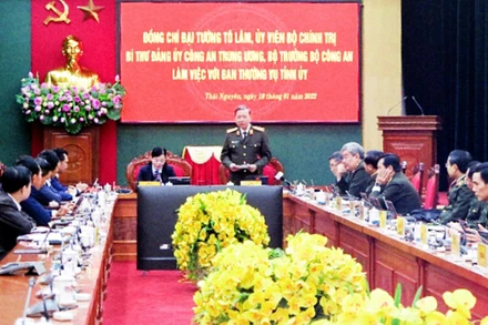 Bộ trưởng Tô Lâm phát biểu tại buổi làm việc với Ban Thường vụ Tỉnh ủy Thái Nguyên.