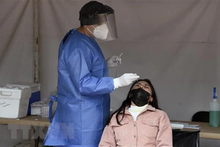 Nhân viên y tế lấy mẫu xét nghiệm Covid-19 cho người dân tại Mexico City, Mexico. (Ảnh: AFP/TTXVN)